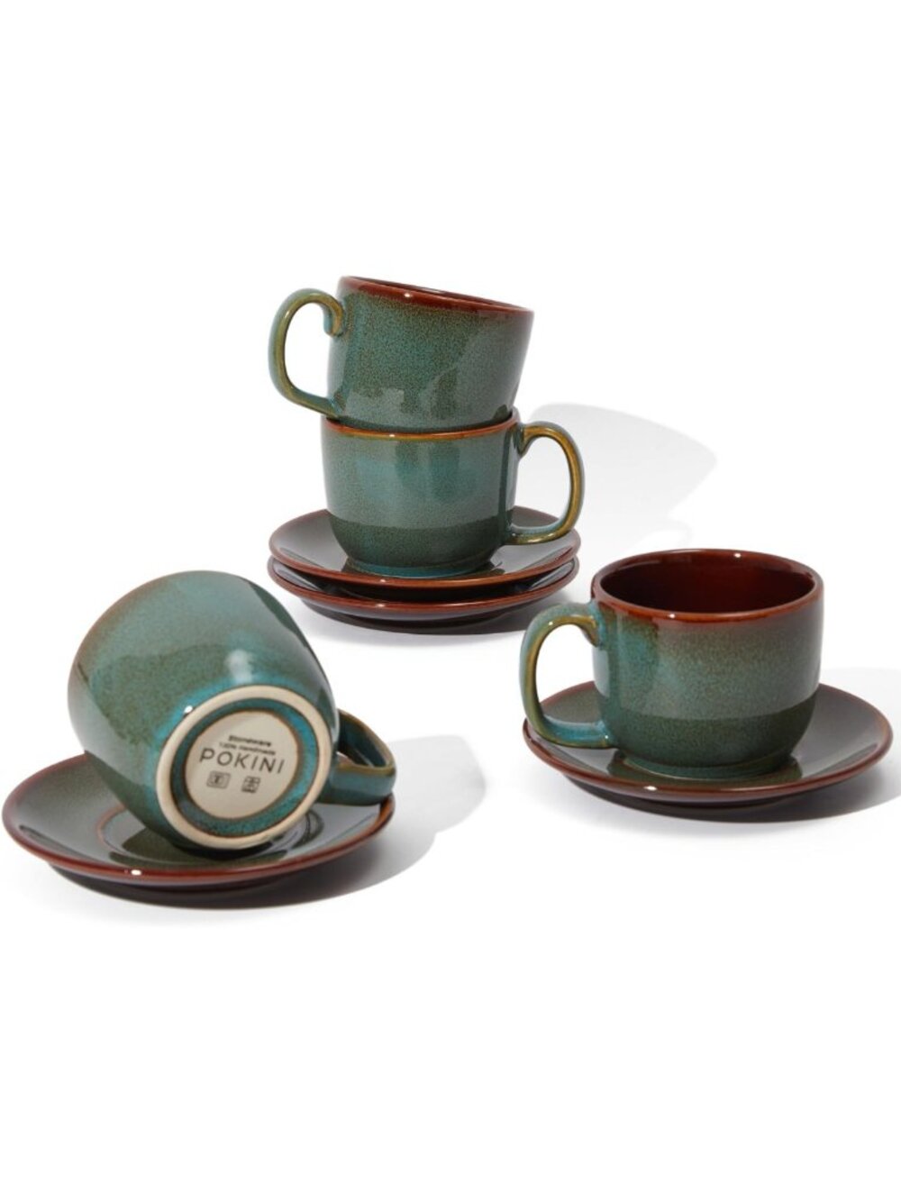 Set of 4 Stoneware Cappuccino Mugs with Saucers - Stylish Coffee Cups